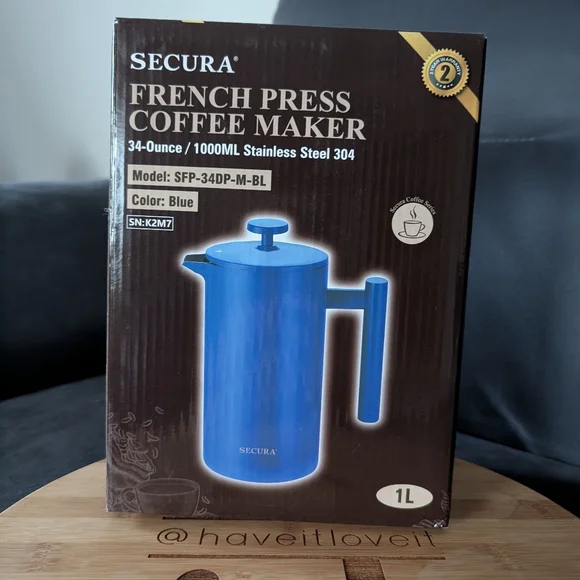 Secura French Press Stainless Steel Blue Coffee Maker - Picture 6 of 10